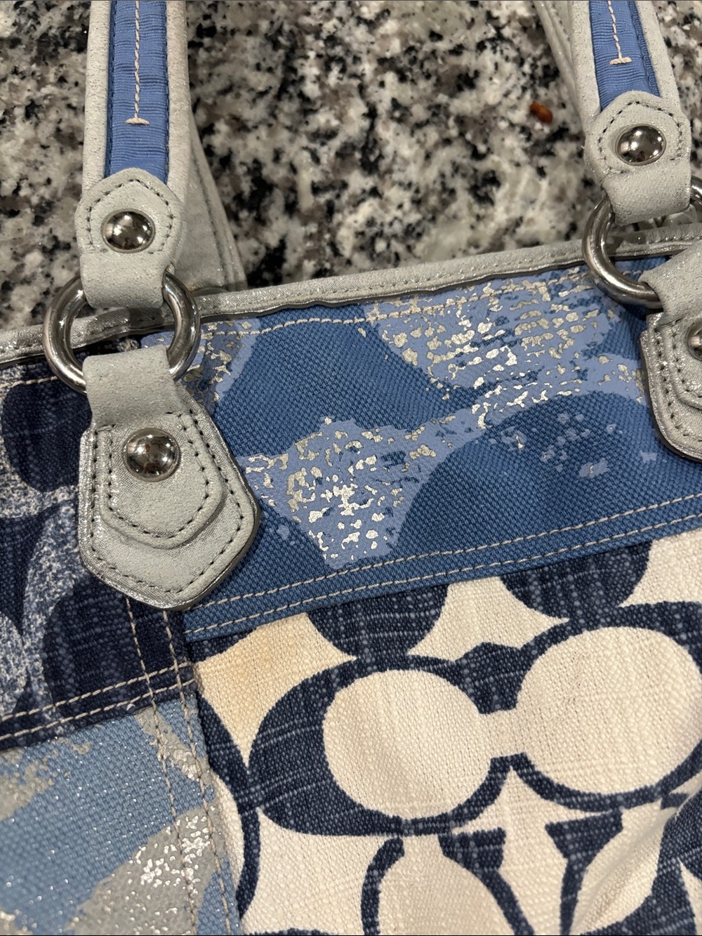 Coach Patchwork Signature Tote in Blue and Cream with Silver Trim - Picture 11 of 12